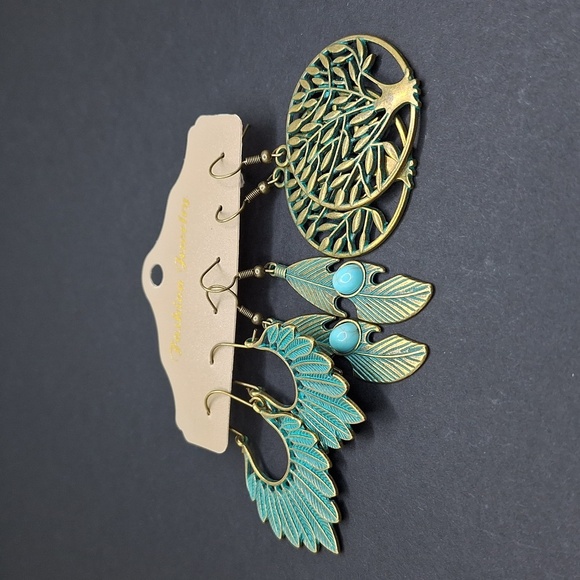 Turquoise feather bronze earrings leaf  Boho jewel… - Picture 1 of 7